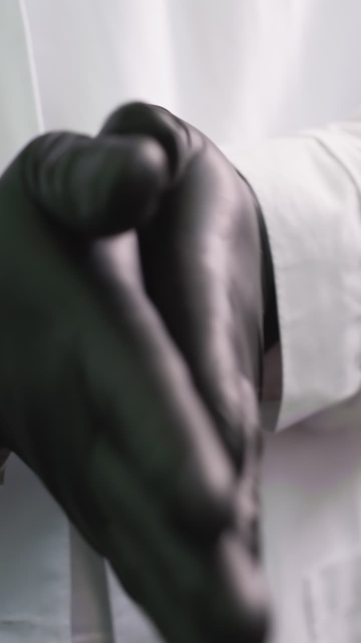 близкий взгляд на человека в черных перчатках, непрерывно протирающего руки, с видом на коричневую полку позади