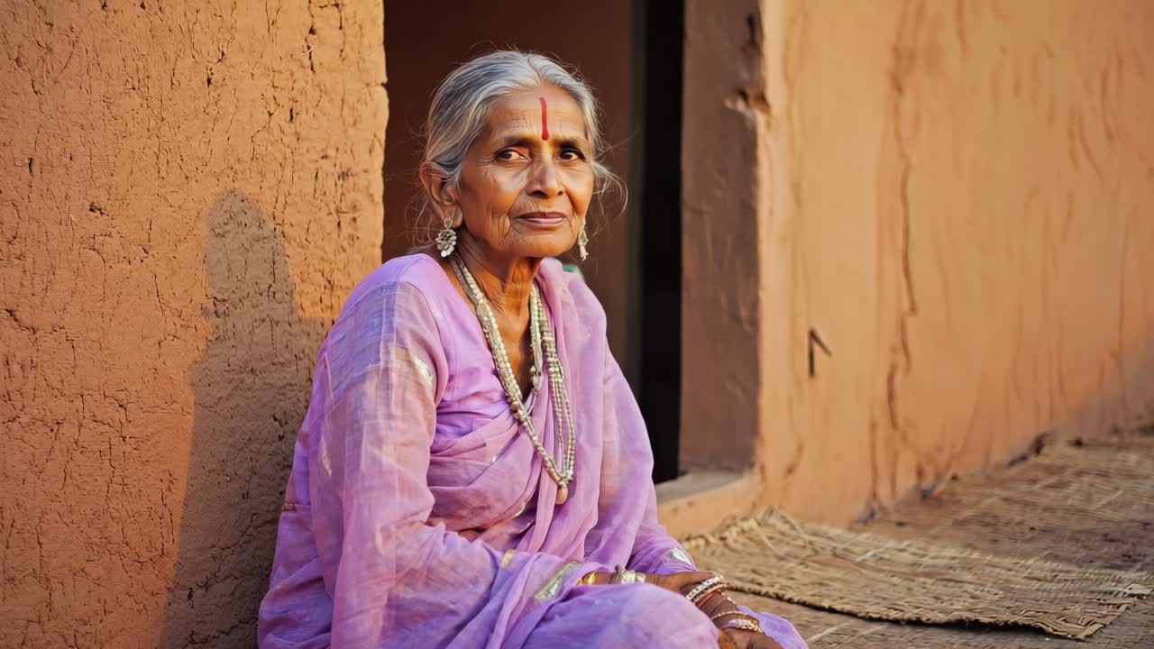 Serene elderly indian woman wearing traditional purple clothing and jewelry sitting outside her house, representing indian culture and traditions