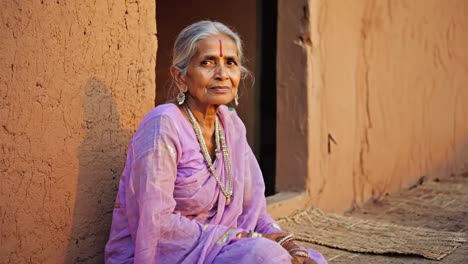 serene elderly indian woman wearing traditional purple clothing and jewelry sitting outside her house, representing indian culture and traditions
