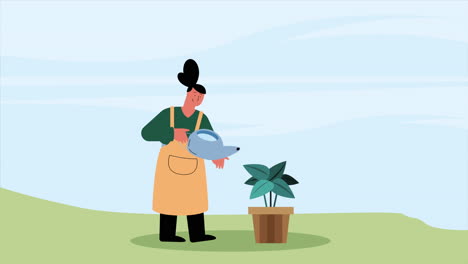 agricultora con aspersor y animación de plantas de interior