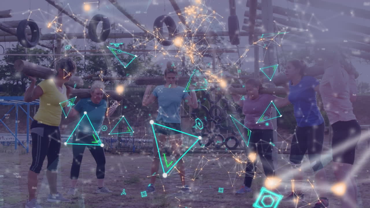 나무 막대기를 들고 있는 장애물 코스에서 다양한 여성들에 대한 모양의 애니메이션