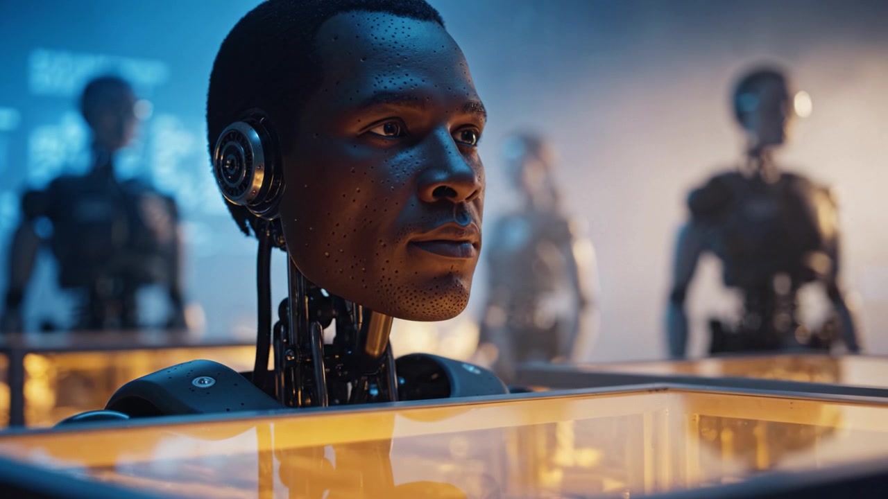 A futuristic scene showcasing advanced humanoid robots with intricate designs, set against a softly lit, high-tech environment highlighting their artificial intelligence capabilities.