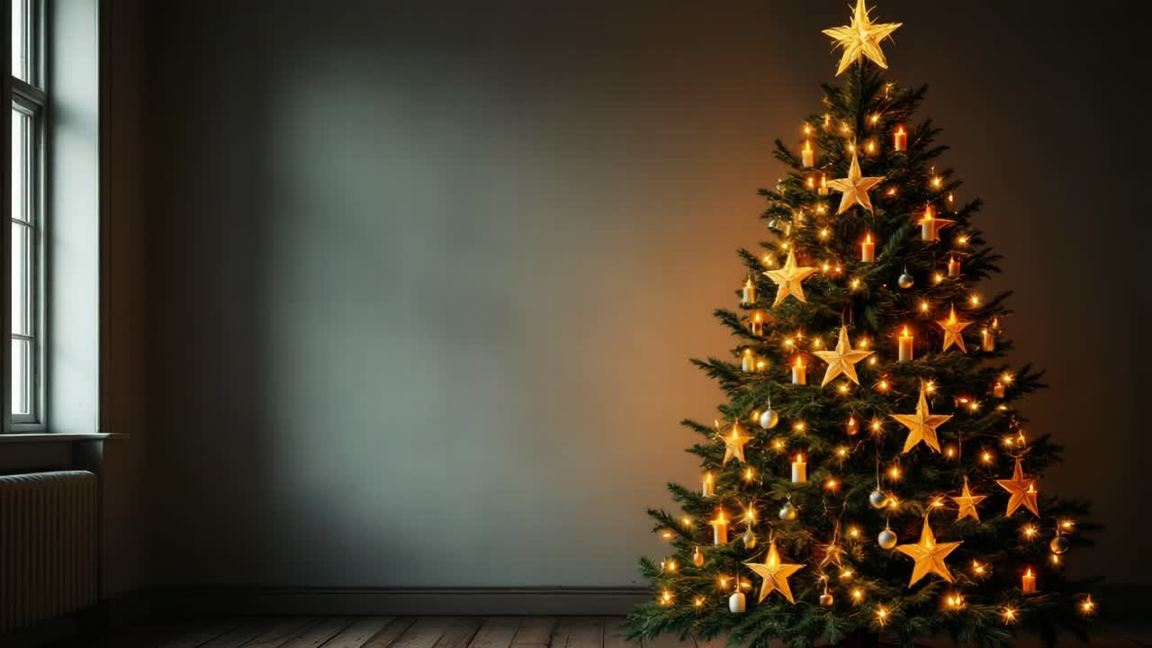 Decorated Christmas Tree with Golden Stars and Lights