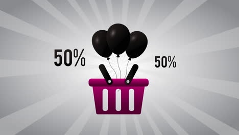 cartel comercial de liquidación de ventas con globos de helio y canasta de compras