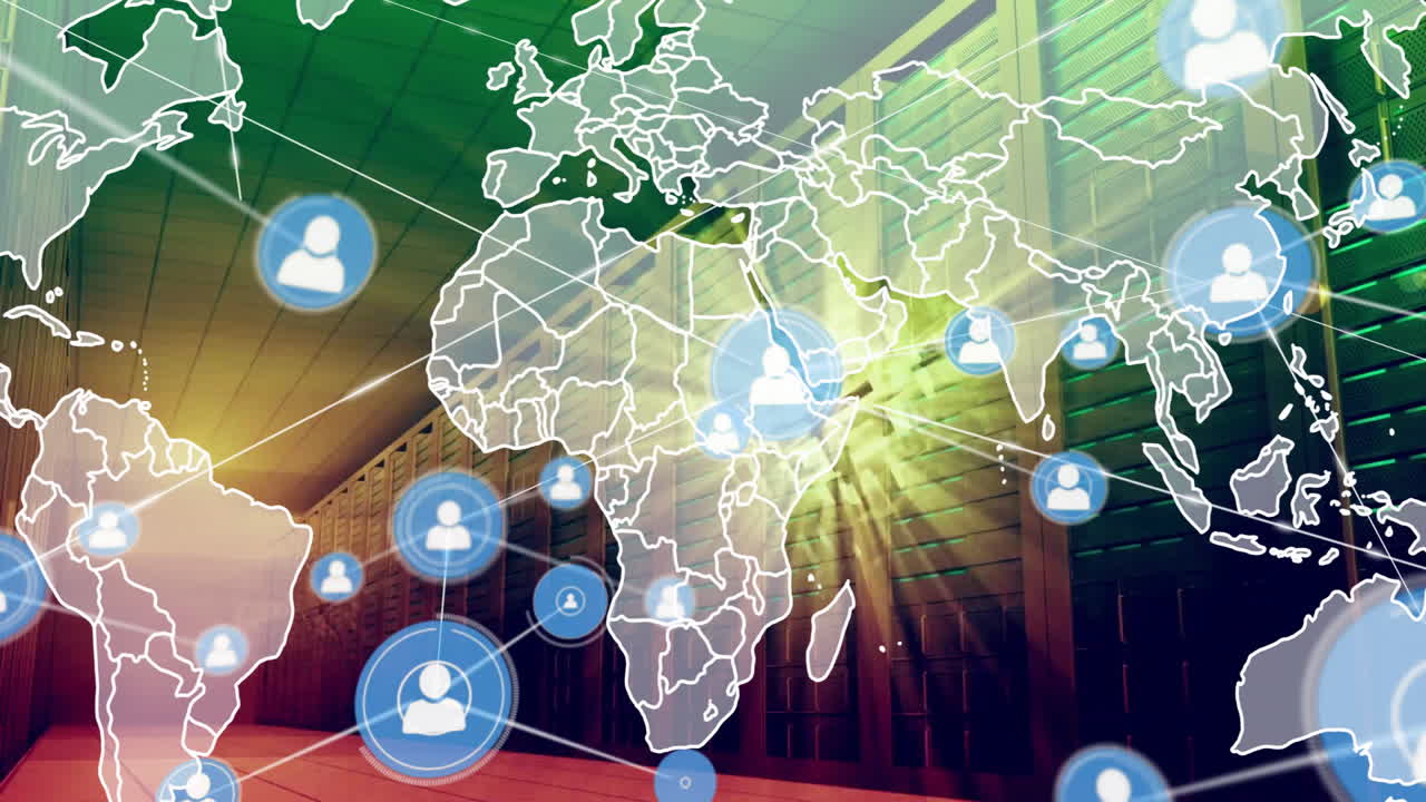 Animation of world map with network connections and user icons on screen
