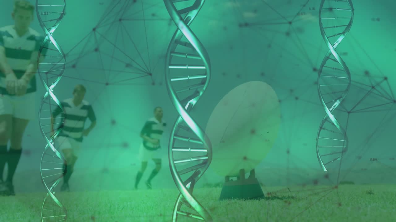 Athletes walking on field, causing science overlay with center DNA rotating as players hiding helix