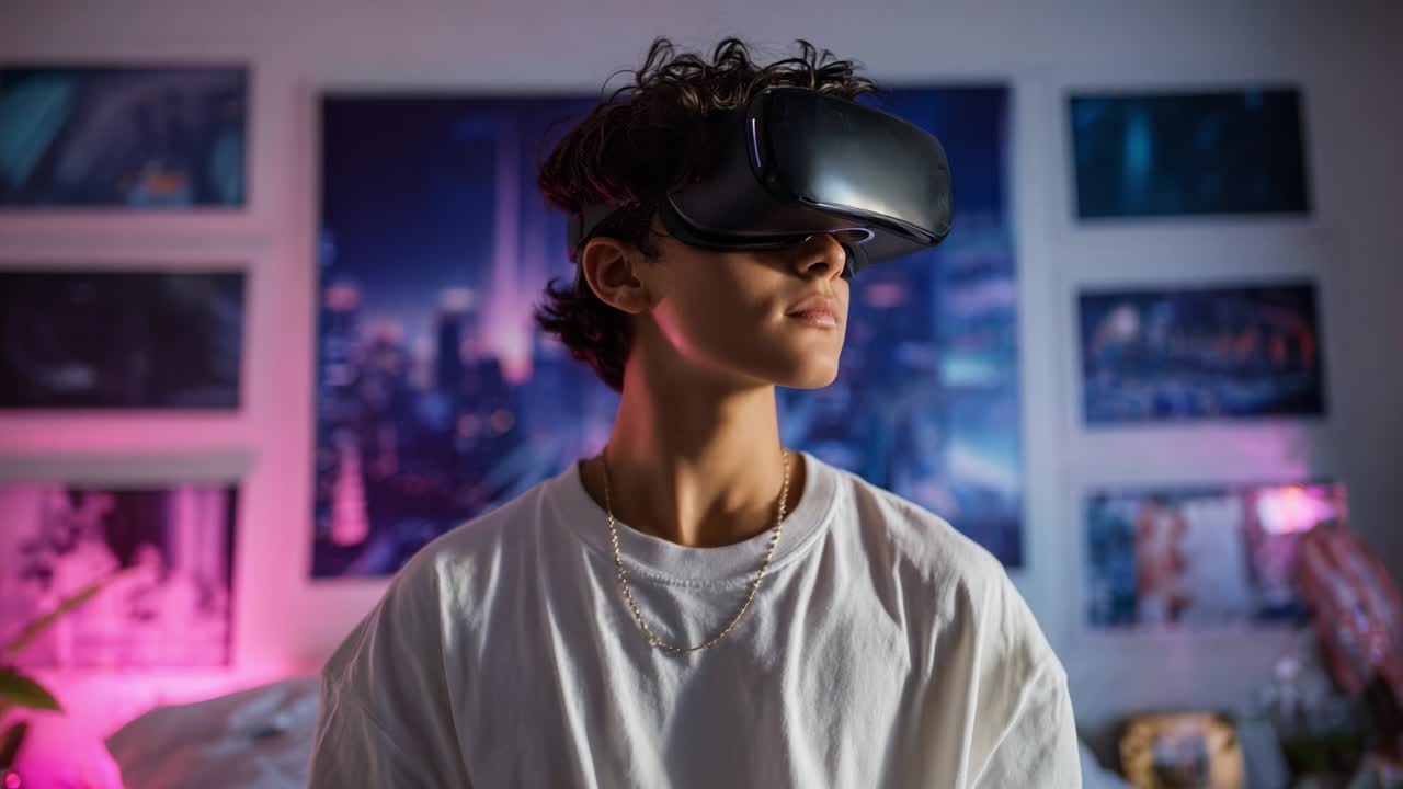 Exploring Virtual Realities: A Young User Engages with Immersive Technology Through Virtual Reality Headset in a Futuristic Room Surrounded by Modern Artwork and Ambient Lighting