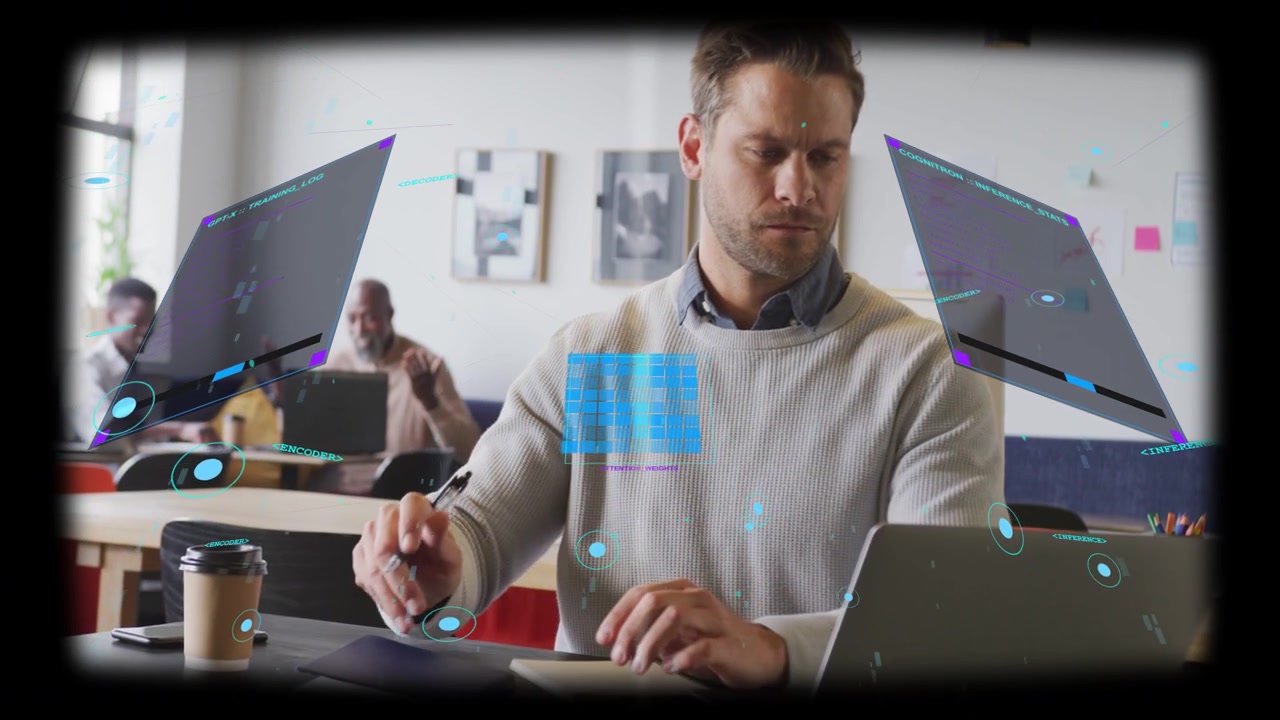 Uomo in primo piano che digita su un laptop a una scrivania condivisa, attivando pannelli olografici per una demo tecnologica