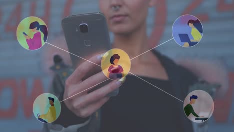 Digital-composition-of-network-of-connection-icons-against-woman-using-smartphone