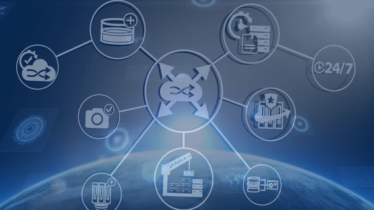 Animation of interconnected technology icons over digital globe in school setting