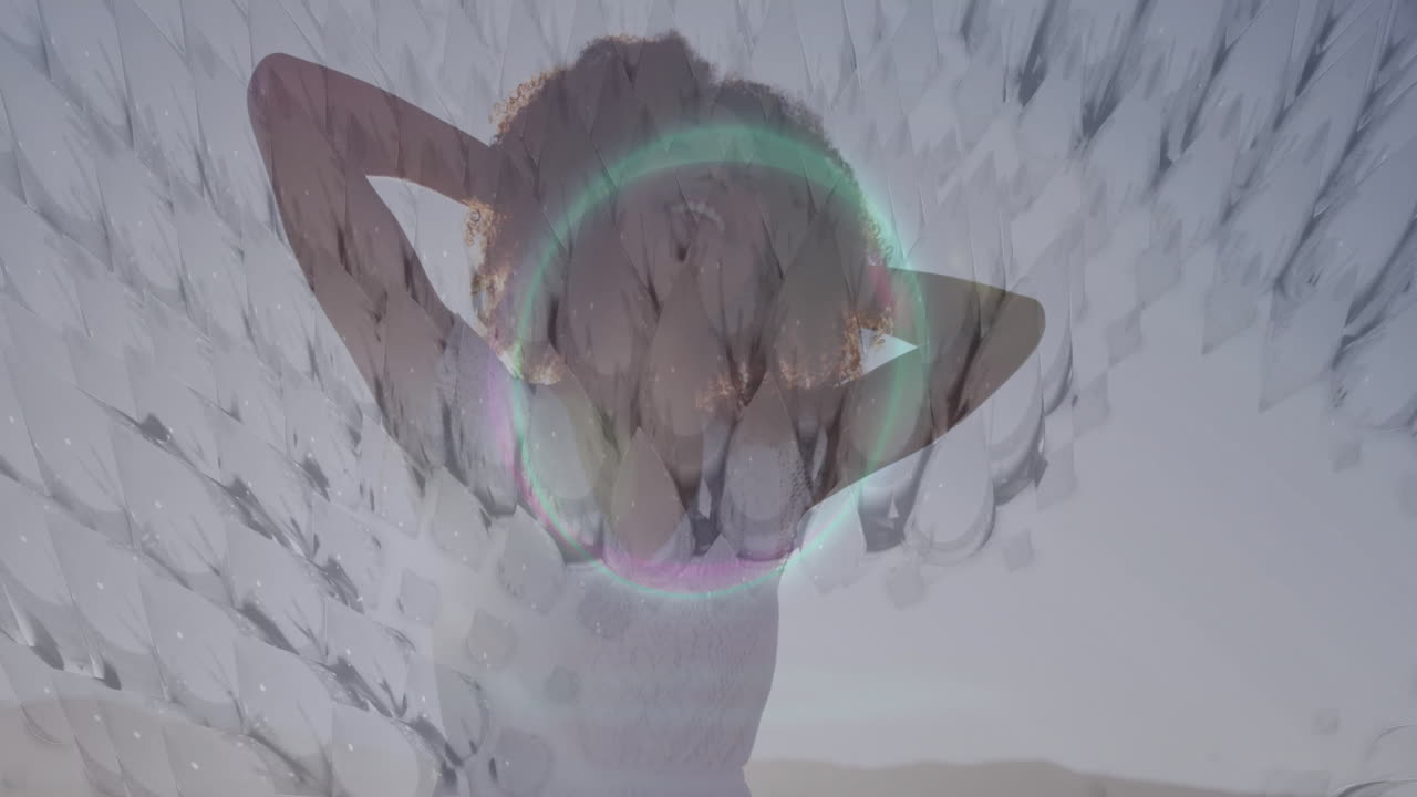 Posing with curly hair, woman in front of abstract animation light effects