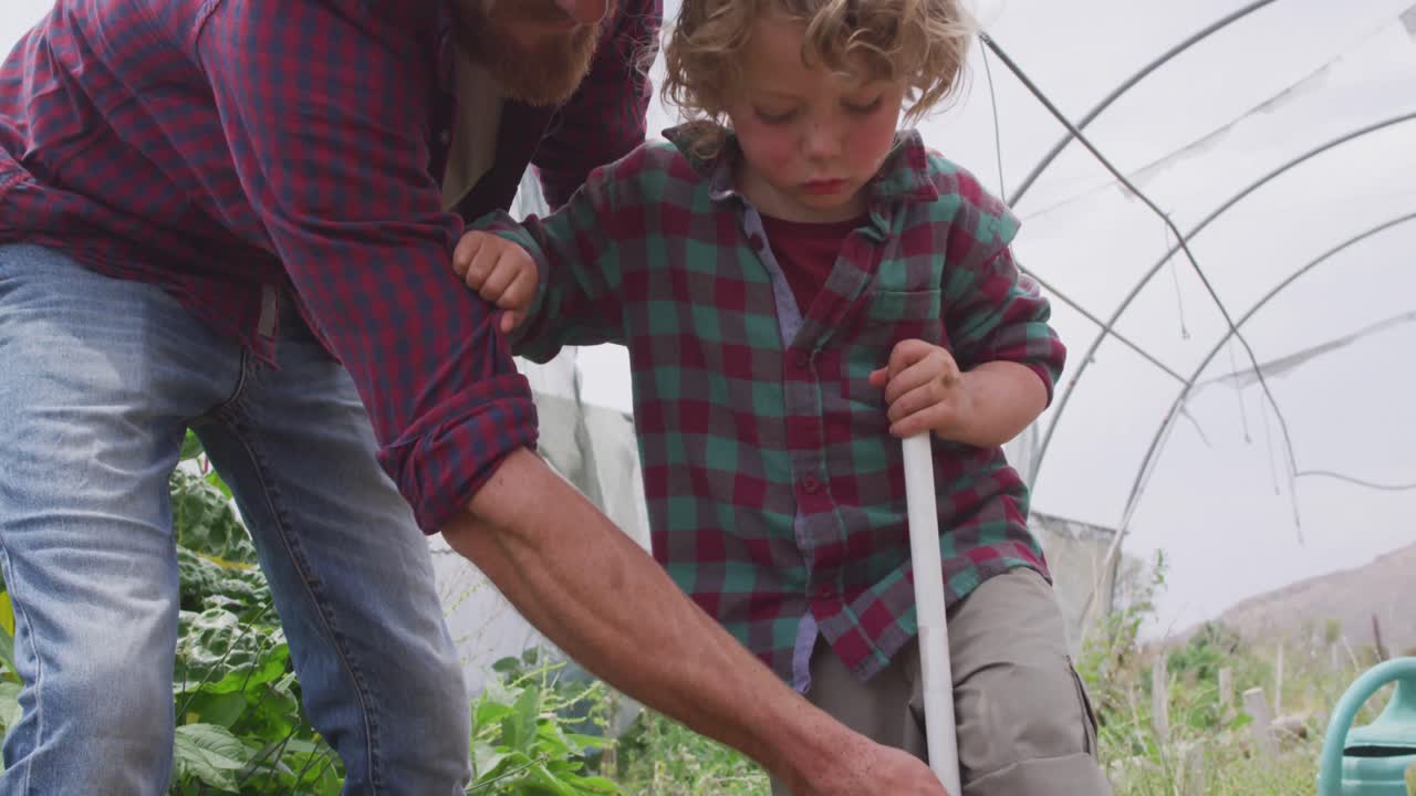 padre y hijo caucásicos felices haciendo jardinería en un invernadero