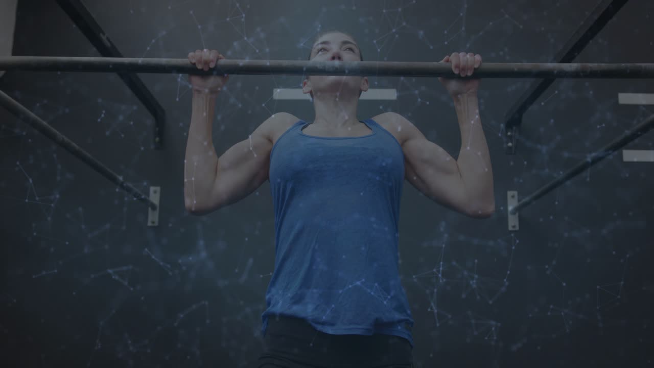 Fitness woman pulling chin to bar, causing blue QR scan overlay animating then fading as lowering