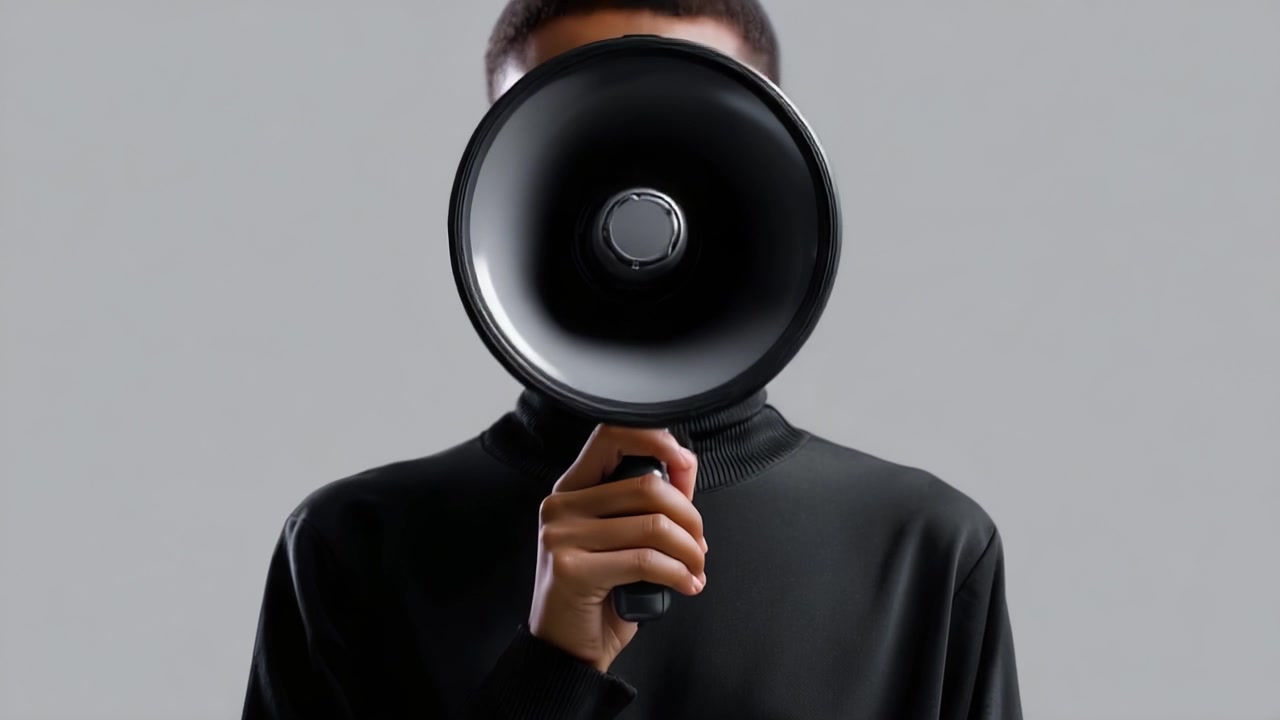 Una persona che tiene un megafono davanti al viso, simboleggiando comunicazione ed espressione, trasmettendo messaggi di empowerment e attivismo in un ambiente minimalista.