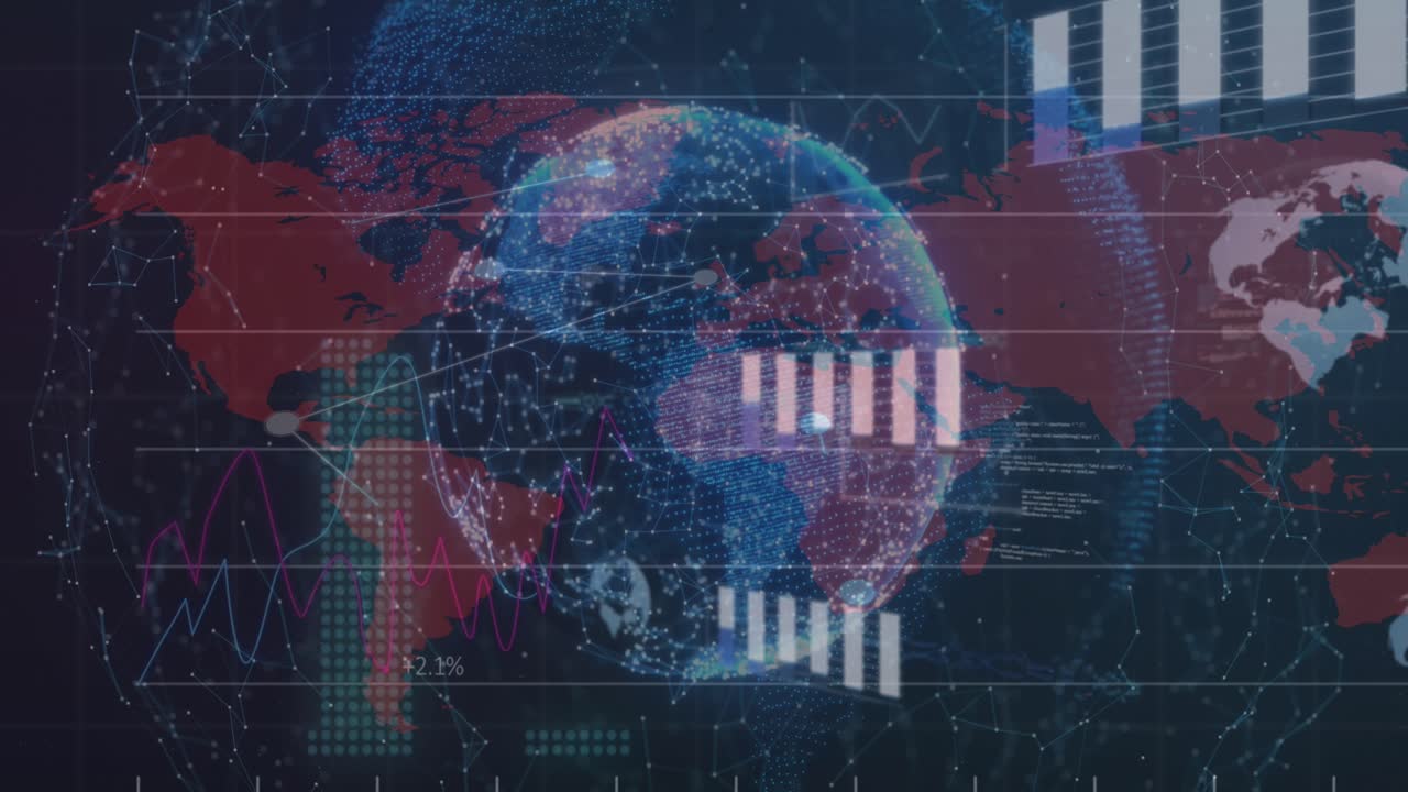 Animation of globe and data processing over network of connections on black background