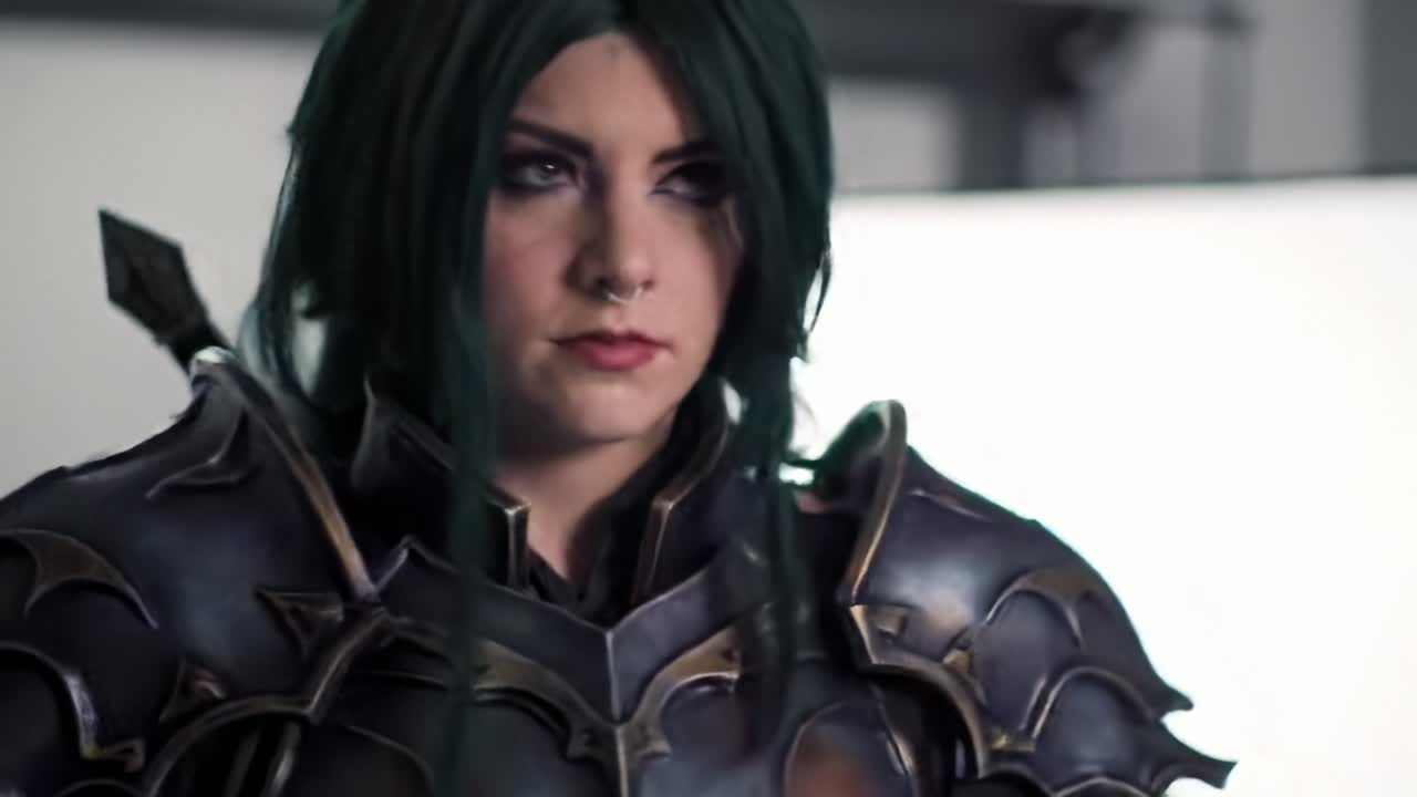 A strong character in intricate armor gazes intently, embodying a fierce persona that blends fantasy elements with a captivating visual presence in a creative setting