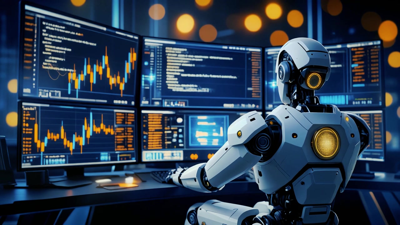Advanced Robot Analyzing Financial Data on Multiple Computer Screens