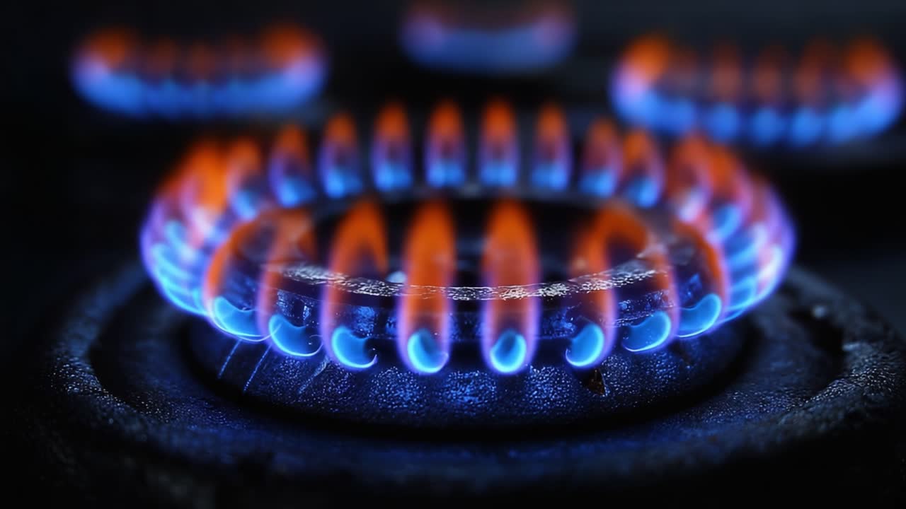 A Close-Up View of Blue Flames Dancing on a Gas Stove Burner, Showcasing the Intense Heat and Efficiency of Natural Gas Flames in Action