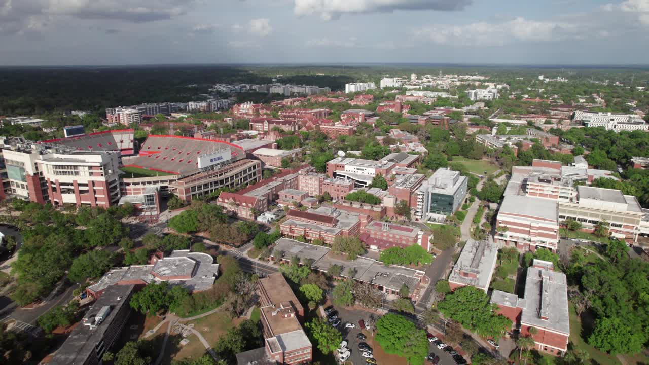Gainesville, Florida, aerial skyline shot at U of F with campus buildings and football stadium, 4K