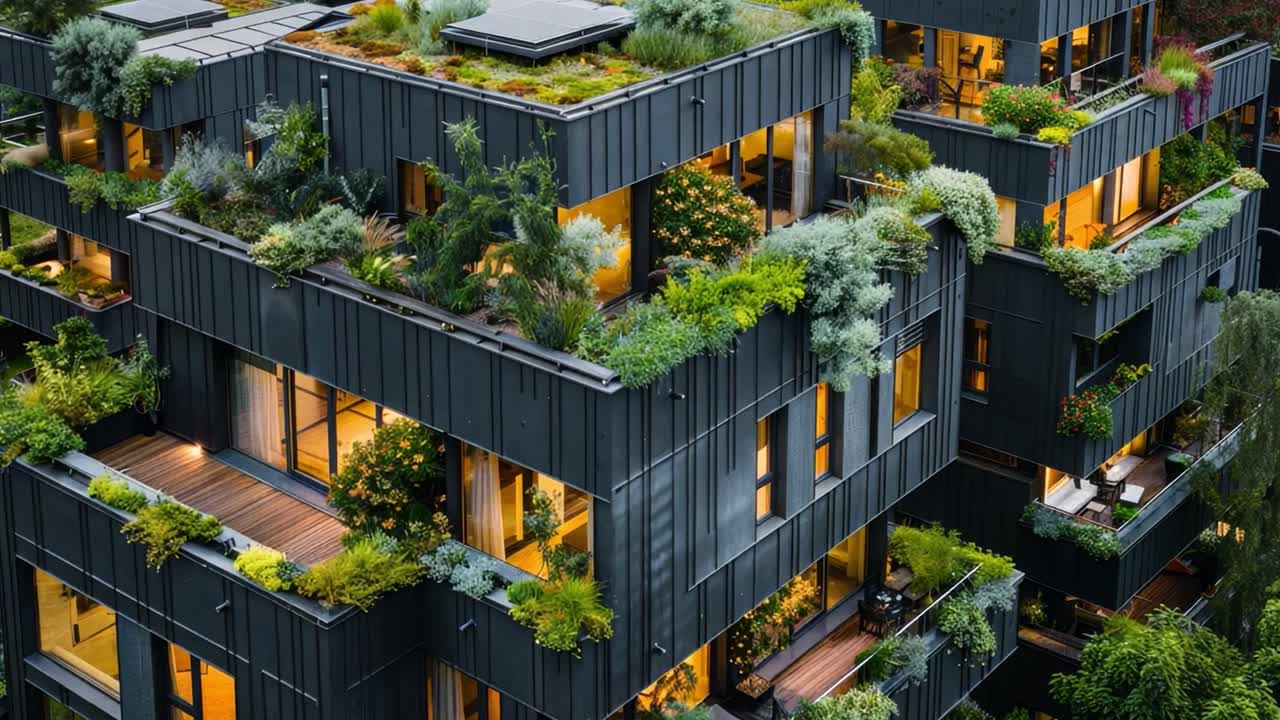 Modern Building with Extensive Rooftop Gardens and Terraces