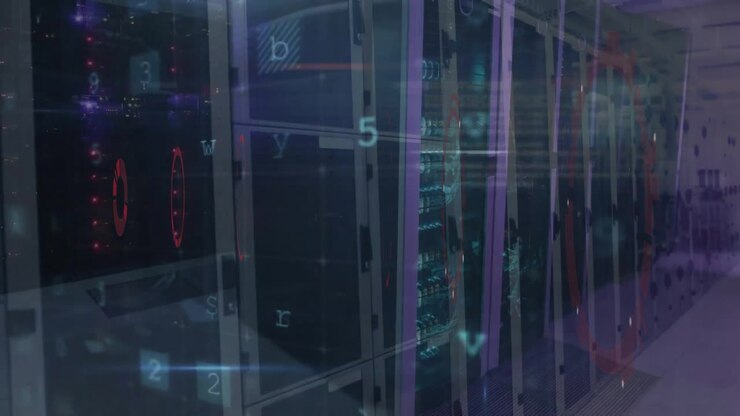 Animation of circular scanner, data processing and security warning text over computer server room