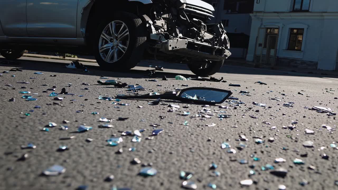 Low-angle shot of a car crash scene with debris scattered on the road, capturing the aftermath