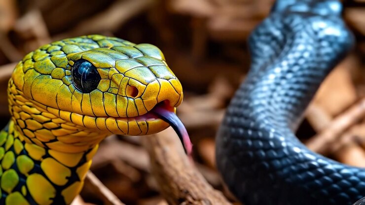 Close up portrait of two green and black snakes head to head. Macro shot of a yellow green snake and a black snake facing each other close up profile view blurry background