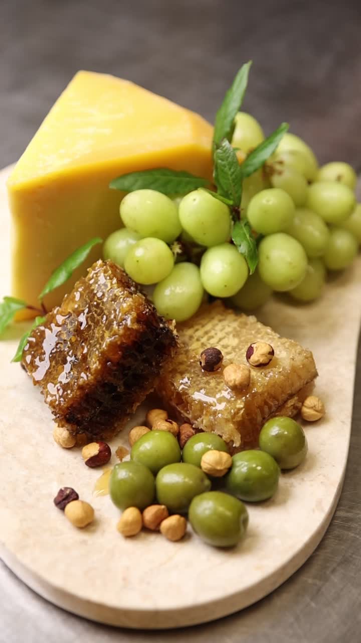 Tabla de quesos gourmet con uvas, panal de miel, aceitunas y avellanas