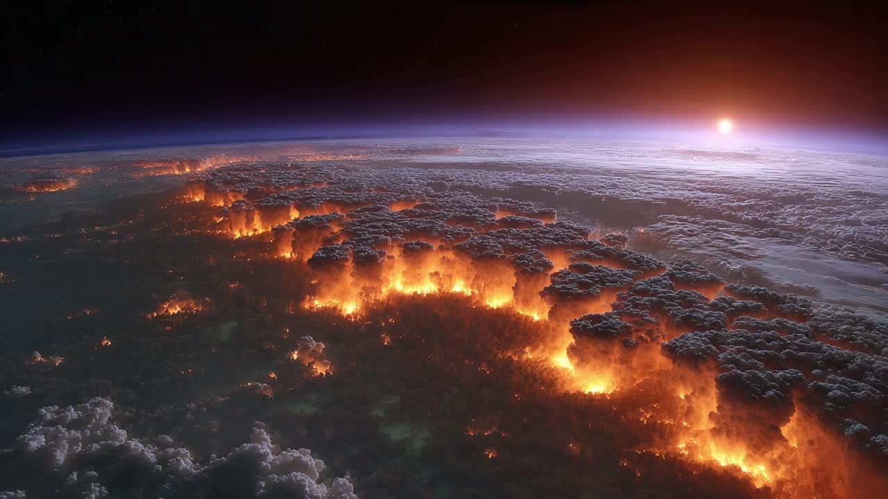 Spectacular View of Fiery Clouds and Earth from Space: A Dramatic Scene of Natural Wonders and Atmospheric Phenomena Captured in Stunning Detail