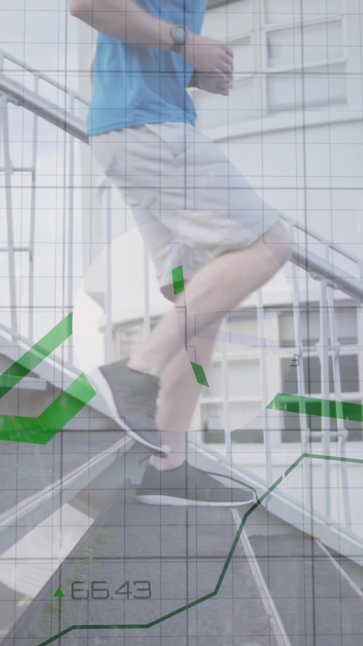 Animación de varios gráficos con cifras cambiantes, hombre blanco bajando escaleras.