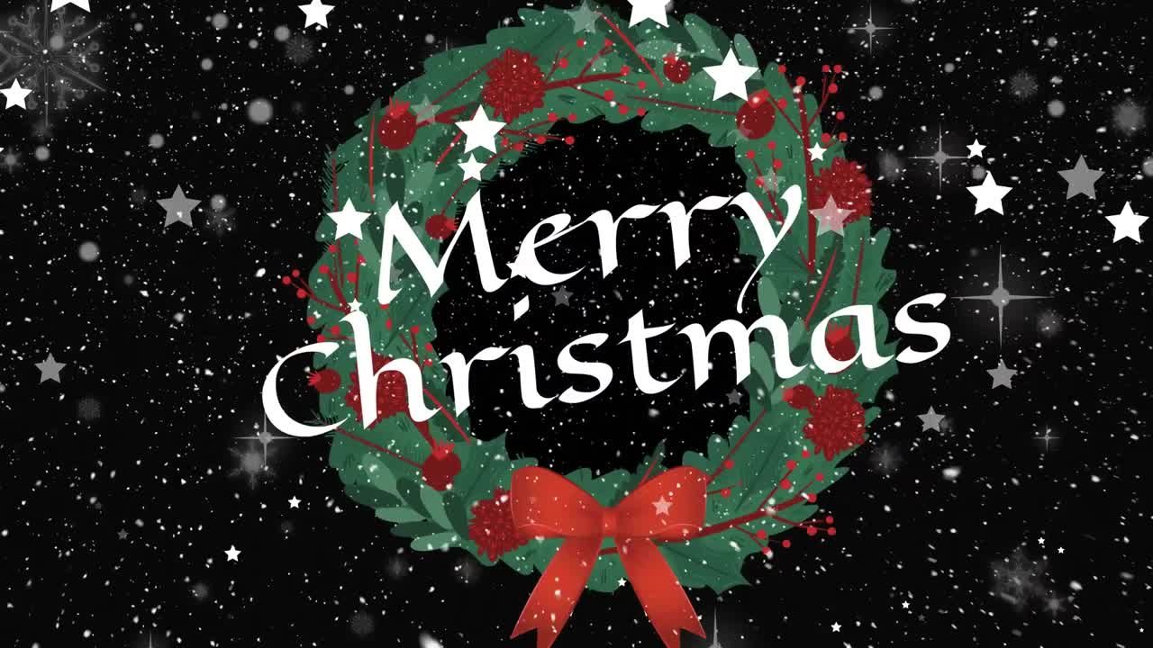 꽃다발과 눈이 내리는 메리 크리스마스 텍스트의 애니메이션