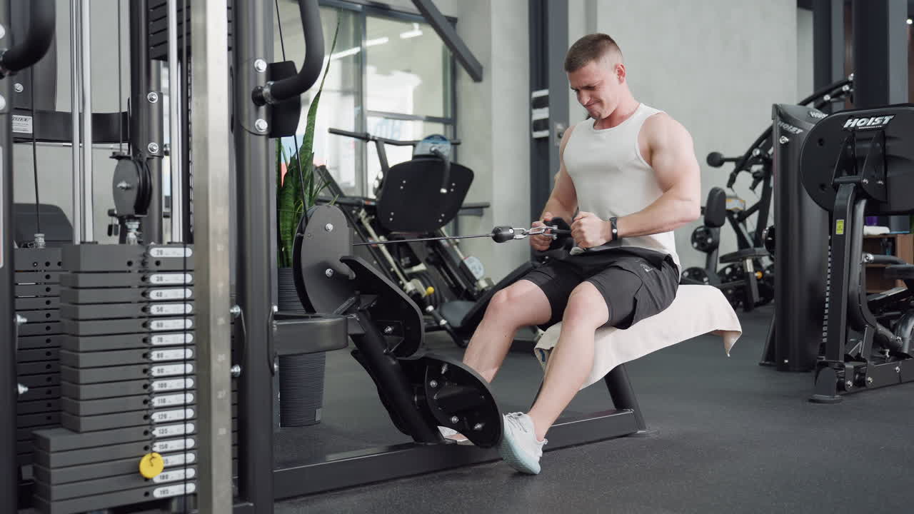 Man seated on bench pulls cable row handle engaging back and arm muscles in modern gym environment with towel draped on bench and weight stack visible during focused workout motion