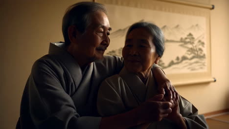 affectionate elderly asian couple in traditional attire