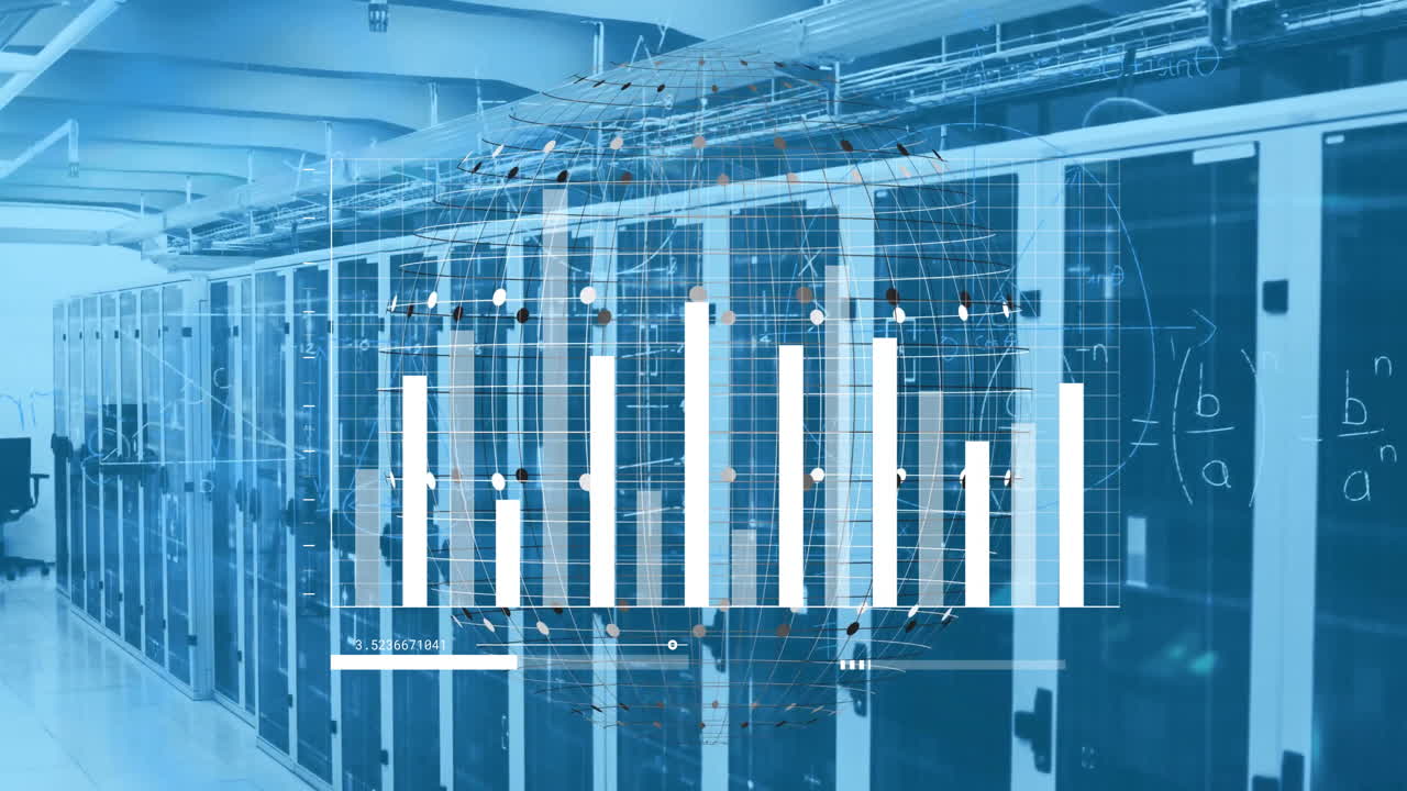 Animation of diagrams with globe and data processing over server room