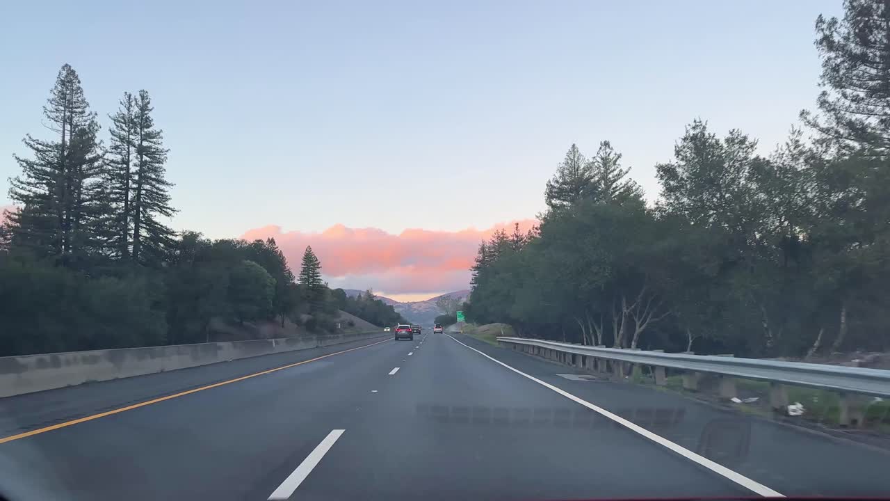 POV shot from a moving vehicle on Highway 101 in the mountains north of the Bay Area in California. 4K