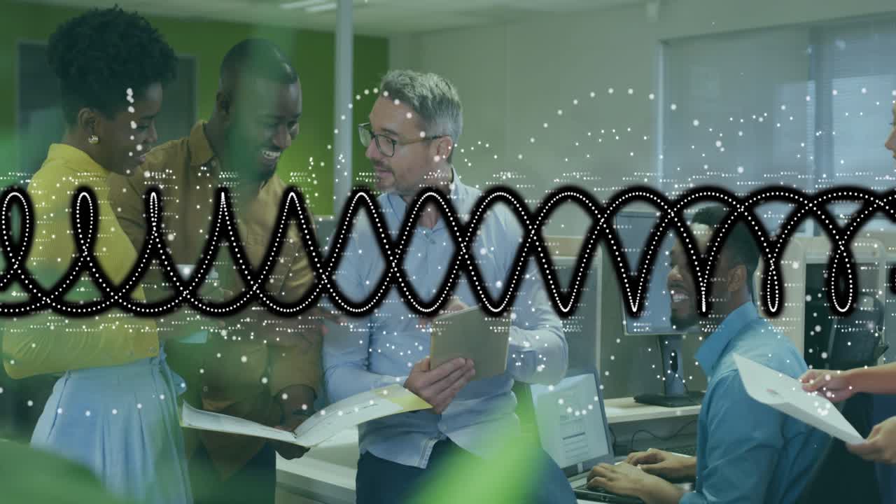 Team leaning, reviewing and pointing after tablet tap, waveform obscuring group for business review