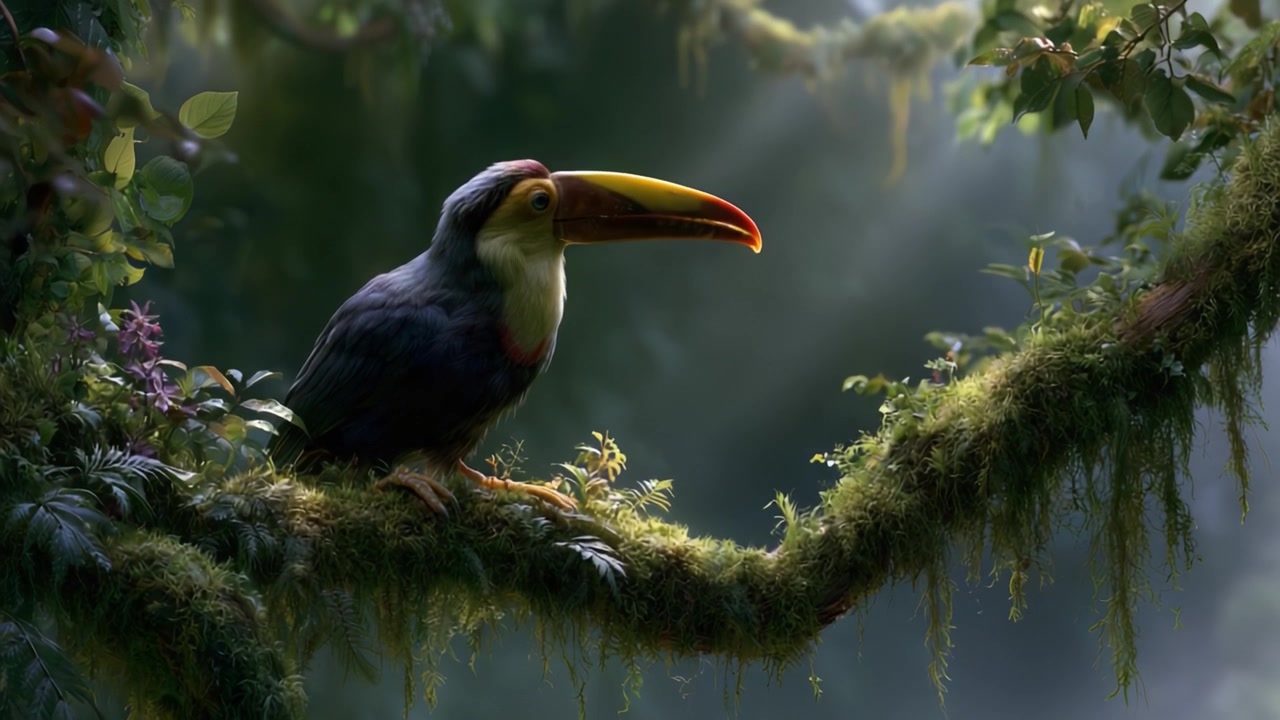 Un vivace tucano appollaiato su un ramo lussureggiante in una scena di foresta mistica, che cattura la bellezza della natura e della fauna selvatica in un'atmosfera serena.