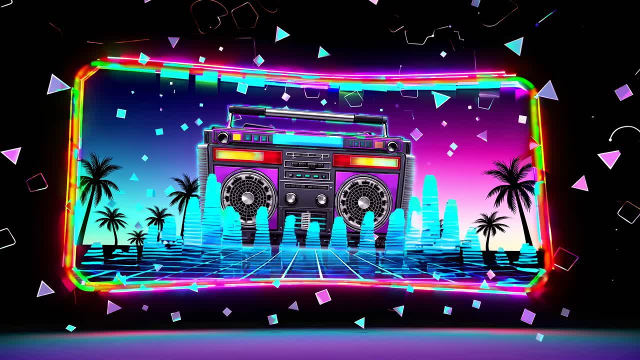 네온 조명과 해가 지는 분위기를 가진 레트로 박스