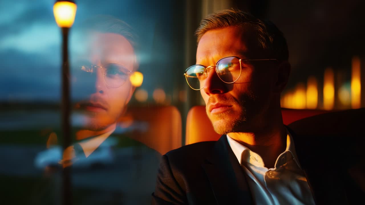 A contemplative figure gazes out the window on a dimly lit train, reflecting on moments of solitude and introspection as the scenery blurs past, captured in a moment of depth and emotional resonance