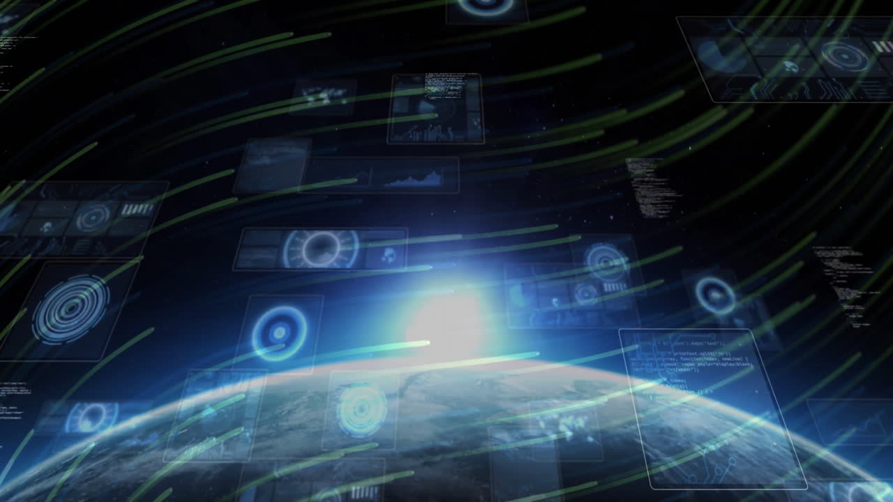 Animation of futuristic graphics orbiting Earth with digital data streams
