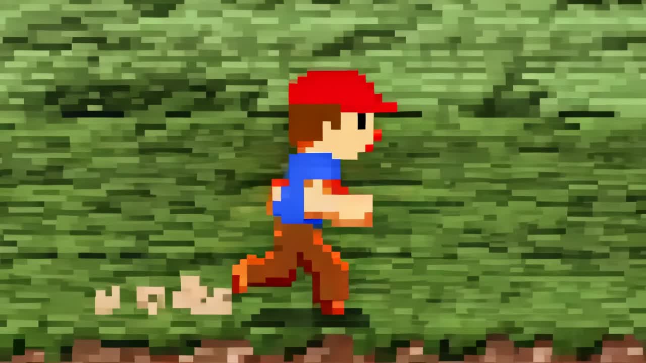 Il giocatore tiene premuto a destra, un runner pixelato con berretto rosso corre sull'erba lasciando sbuffi di polvere e avanzando di livello.