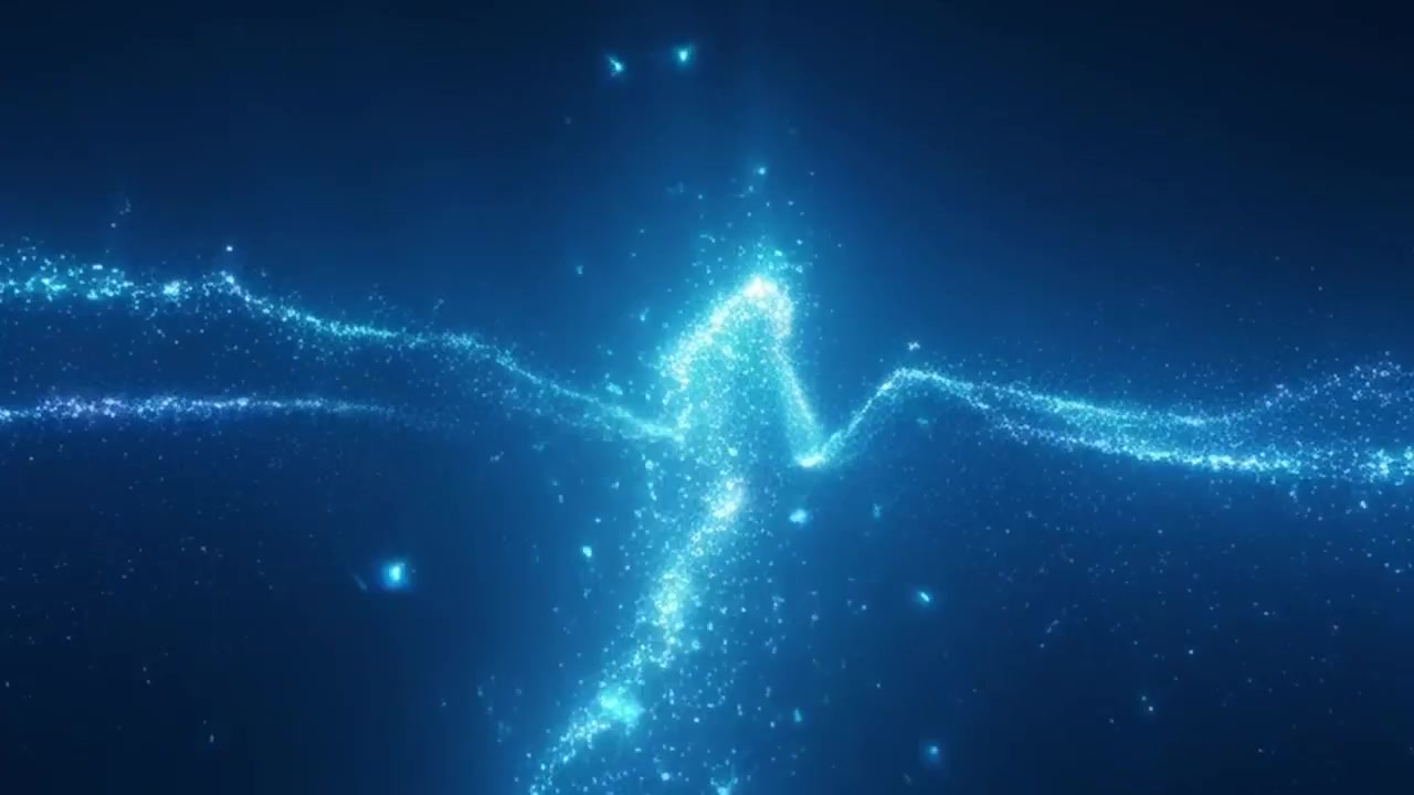 暗い空間を流れる抽象的な青い輝く粒子