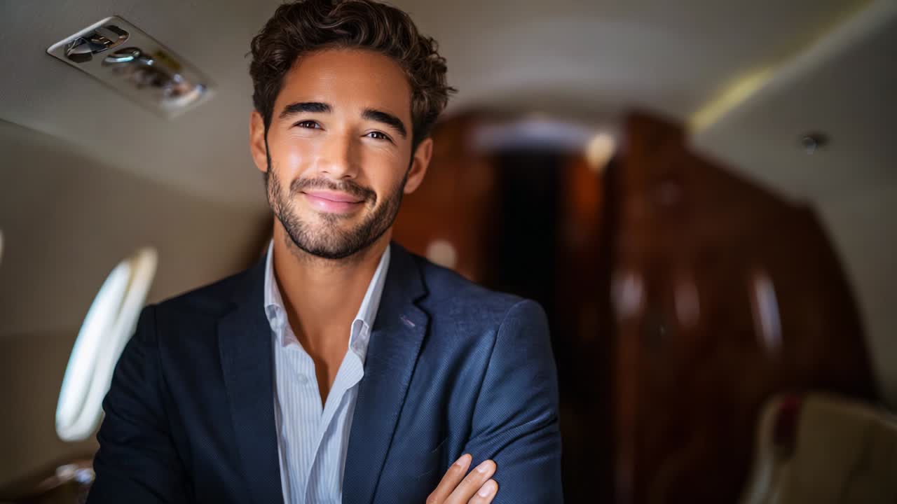 A confident young man with a charming smile is seated in a luxurious private jet interior, exuding success and sophistication while dressed in a sleek suit, highlighting the essence of elite travel and modern elegance