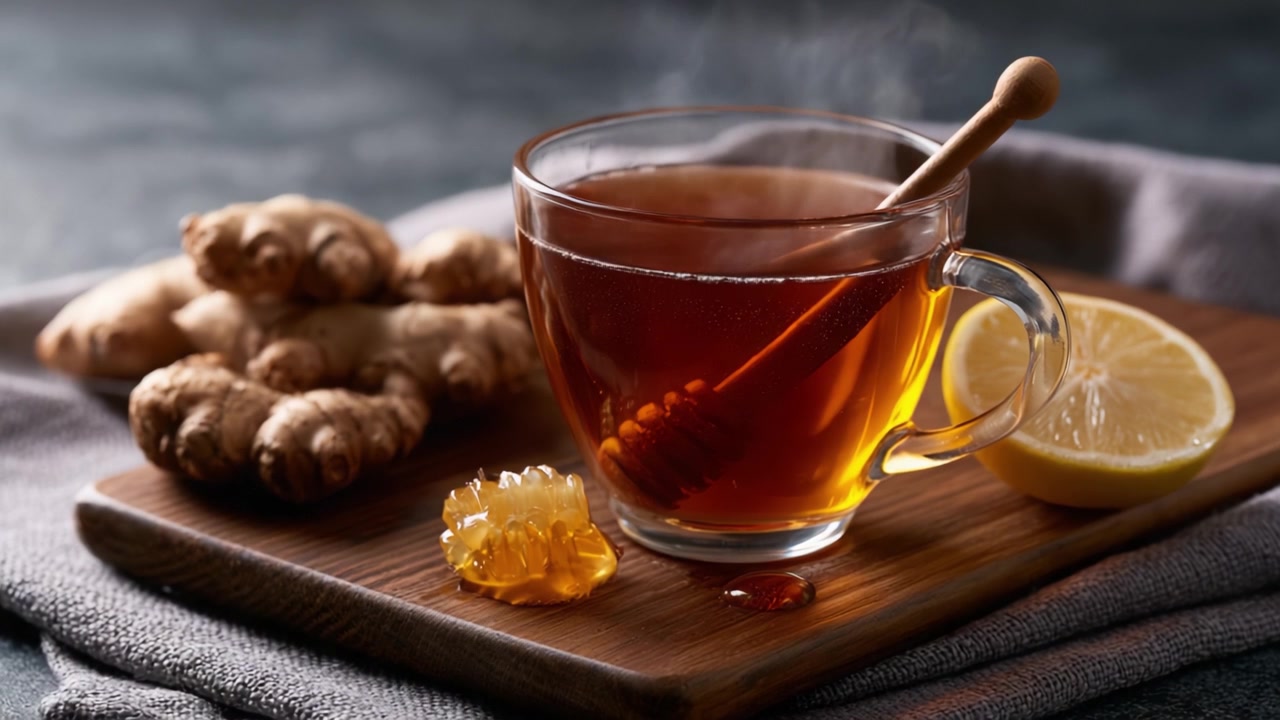Una tazza calda di tè allo zenzero con miele e limone: conforto nutriente in un ambiente splendidamente allestito per la salute e il benessere in una giornata accogliente.