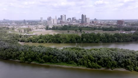 wide view of columbus, ohio skyline with drone video moving forward.