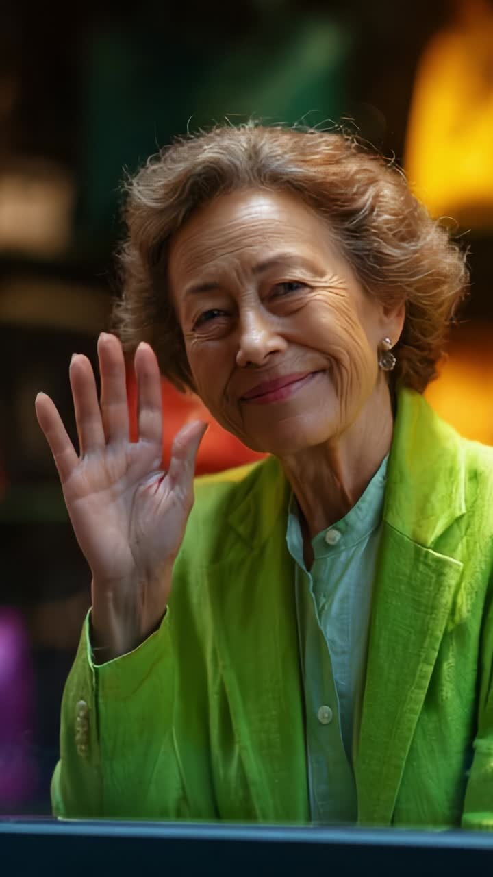 Un'anziana donna felice con una giacca verde sorride e saluta la fotocamera, irradiando calore e positività in un ambiente interno colorato