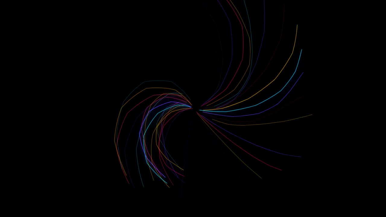 Motion graphics astratte di linee luminose colorate che ruotano su sfondo nero