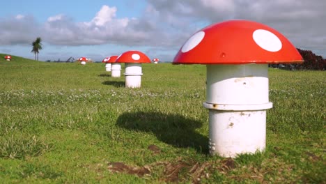 Close-up-of-metal-mushroom-sculptures-vents-on-top-of-Mount-Victoria,-Auckland,-New-Zealand