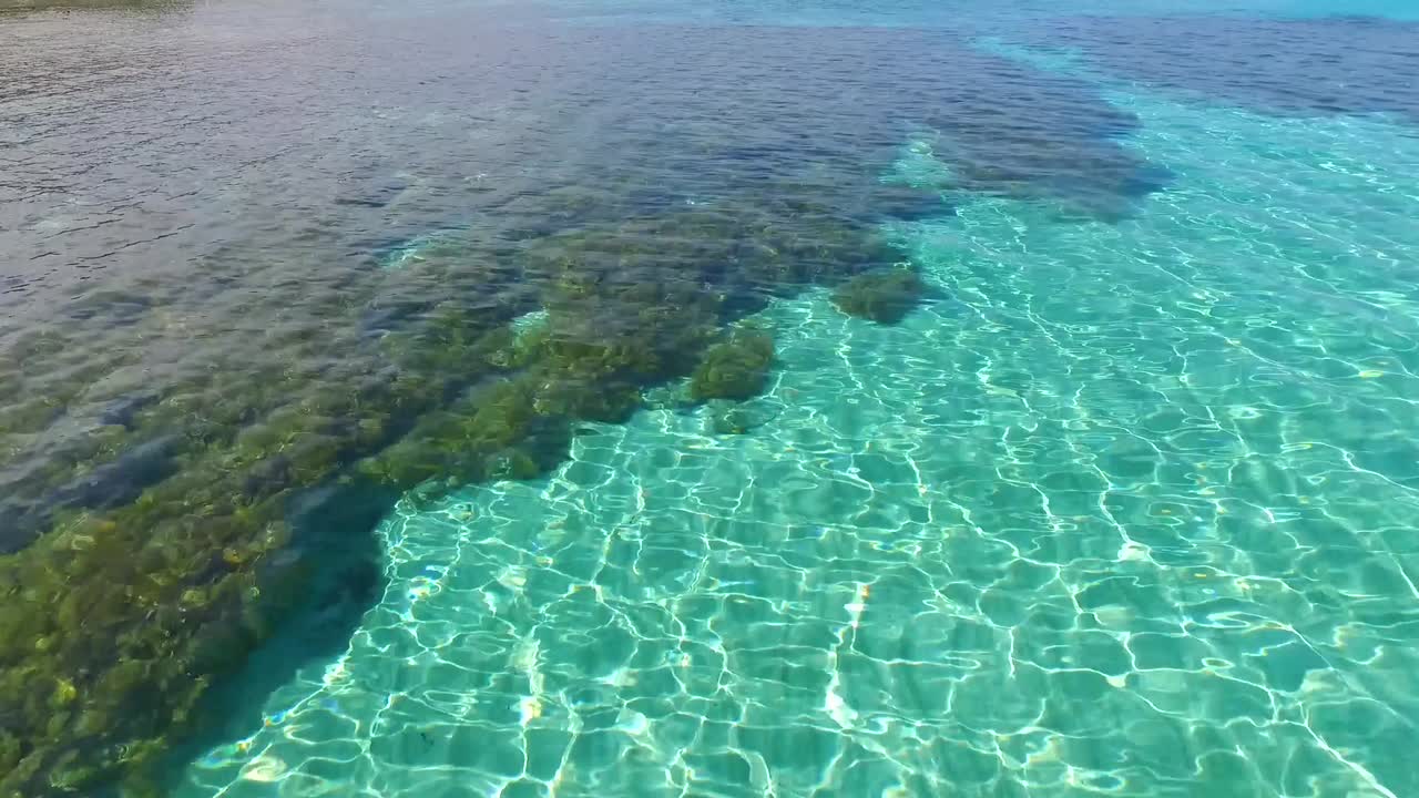낮은 드론 샷이 청록색의 투명한 열대 바다 표면을 스치고 해안에 다가가면서 이끼 낀 암초를 드러냅니다.