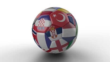 soccer ball with flags of european countries rotates on white surface, loop